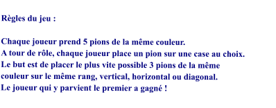 Règles du jeu :   Chaque joueur prend 5 pions de la même couleur. A tour de rôle, chaque joueur place un pion sur une case au choix. Le but est de placer le plus vite possible 3 pions de la même  couleur sur le même rang, vertical, horizontal ou diagonal. Le joueur qui y parvient le premier a gagné !